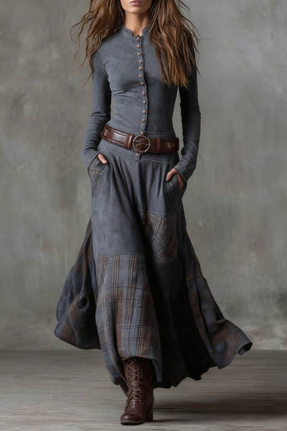 Navy Plaid Paneled Vintage Suede Maxi Dress