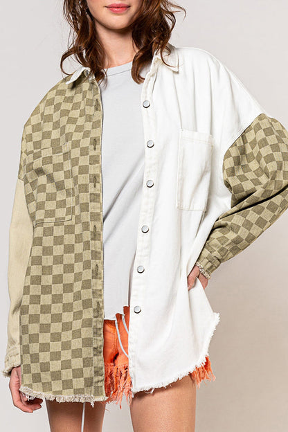 Check Panel Fringe Denim Jacket