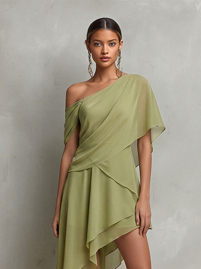Women's Sage Green Sheer Chiffon Dress With Asymmetrical Neckline & High-Low Hem, Modern Effortless-Elegant Cocktail Dress MDZ2241D8LYL