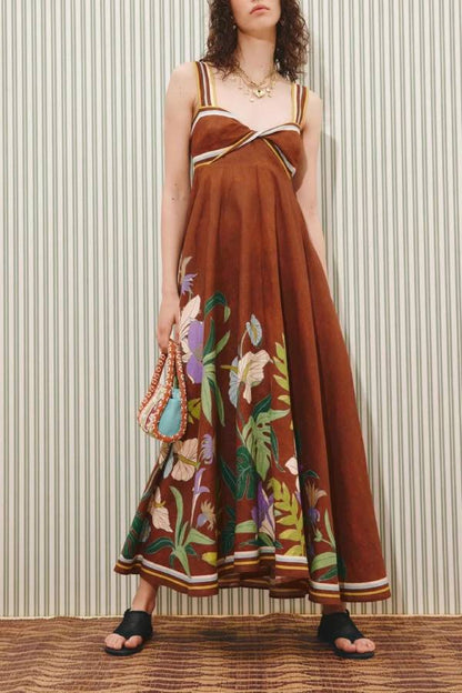 Caramel Tropical Floral Print Twist Wide Strap Flowy Maxi Dress