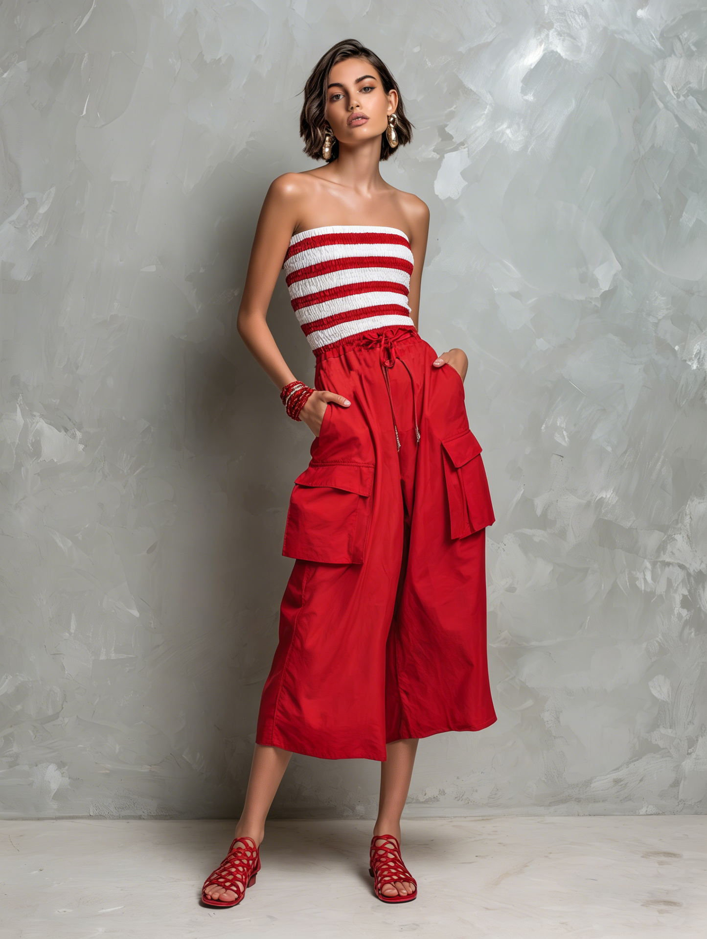 Women's Sporty-Casual Striped Strapless Jumpsuit — Smocked Bodice, Paneled Design, Multi-Pocket, Cropped Wide-Leg Pants MDZ2896D0Y