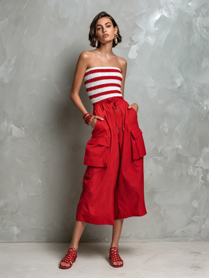 Women's Sporty-Casual Striped Strapless Jumpsuit — Smocked Bodice, Paneled Design, Multi-Pocket, Cropped Wide-Leg Pants MDZ2896D0Y
