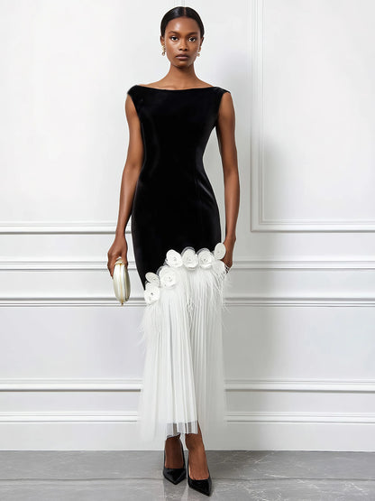Black Tassel 3D Floral Velvet Boat Neck Sleeveless Mermaid Midi Dress