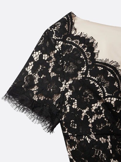 Black Lace Edge Cotton V Neck Short Sleeve Mermaid Midi Dress