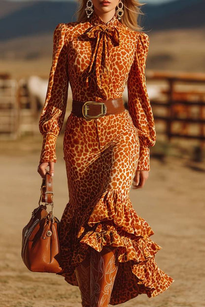 Retro Ruffled Orange Leopard Velvet Maxi Dress