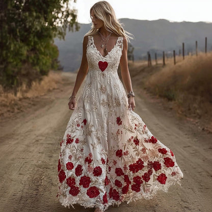 Valentine's Day Hearts & Flowers Embroidered Lace Linen Maxi Dress