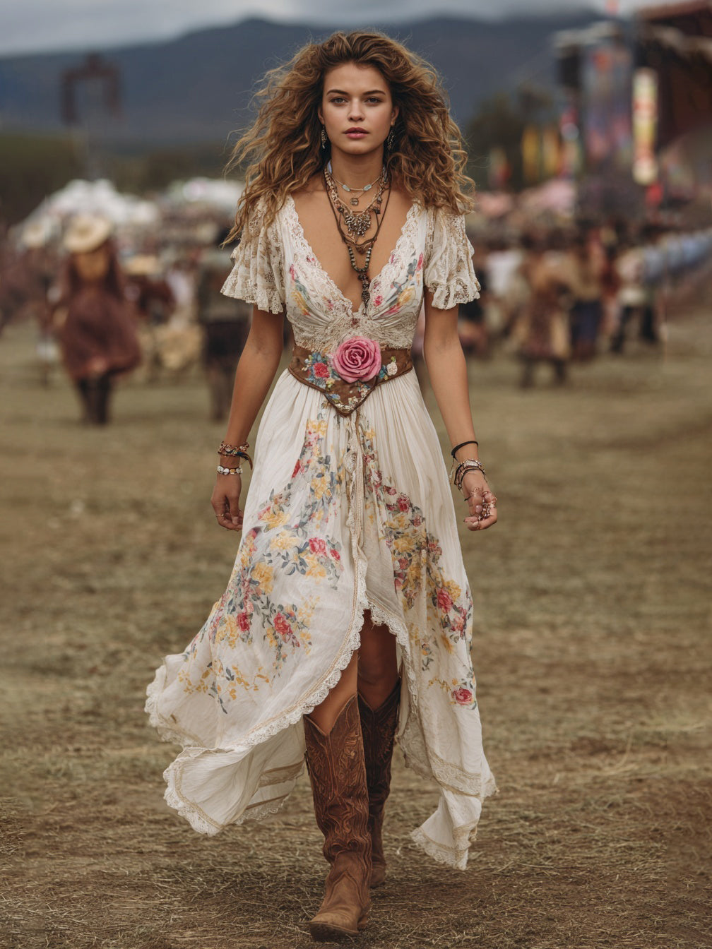 Cotton Floral Boho Maxi Dress With Lace Trim And Deep V-Neckline