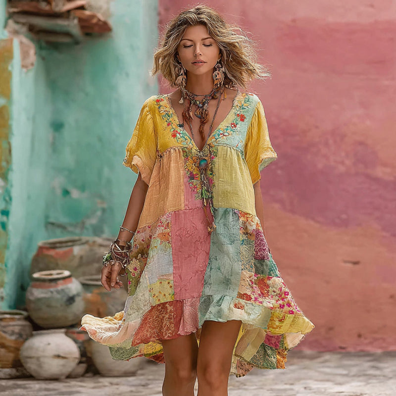 Women's Bohemian Floral Embroidery Patchwork Art V-neck Linen Blend Midi Dress