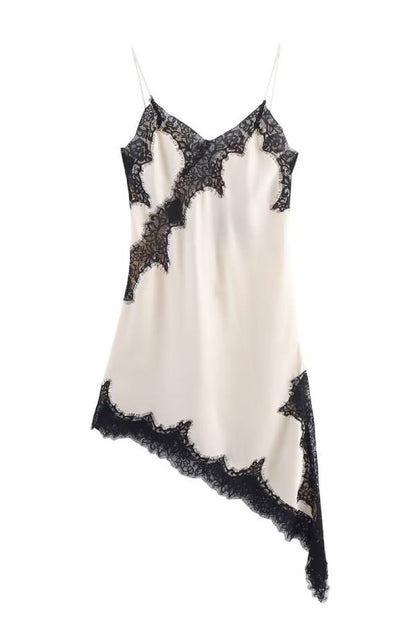 Lace-Paneled Satin Slip Dress with Asymmetrical Hem