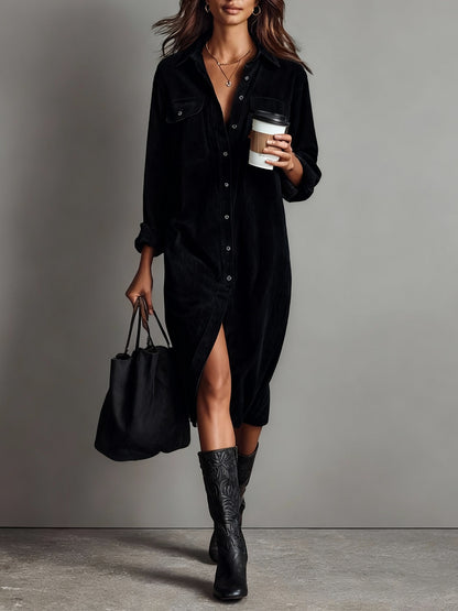 Loose Corduroy Double Chest Pocket Single Breasted Midi Dress