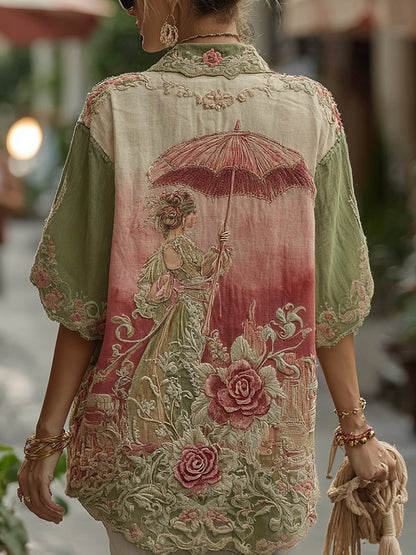 Love & Health Collection Classic Rose And Floral Art Linen Lapel Shirts