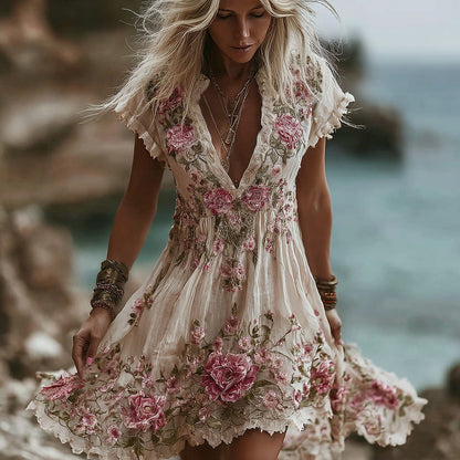 Women's Vintage Pink Rose Embroidery Art Comfy Linen Midi Dress
