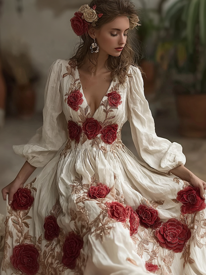 Bohemian Style Red Rose Retro Cotton And Linen Woman's V-neck Dress