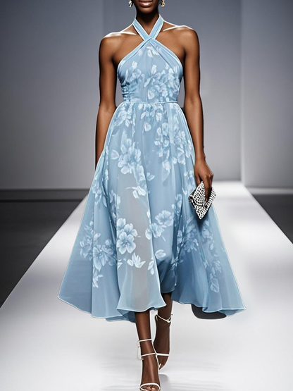 Yellow Floral Jacquard Chiffon Halter Sleeveless A-Line Midi Dress