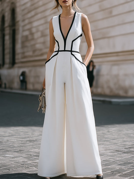 Contrast Panel Deep V Sleeveless Wide-Leg Jumpsuit