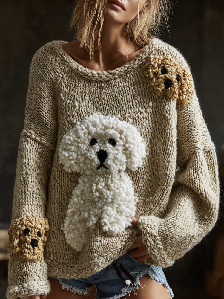 Classic  Fluffy Dogs Felt Cozy Knit Sweater