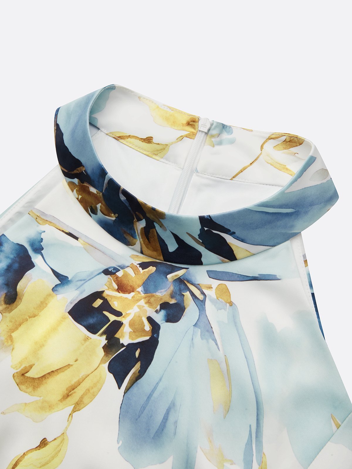 Blue Floral Satin Halter Sleeveless Sheath Midi Dress