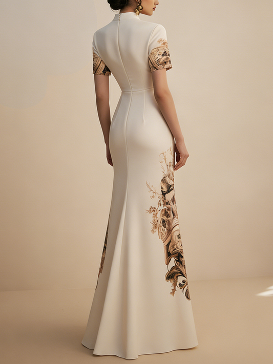 Beige Floral Satin Deep V Neck Short Sleeve Mermaid Gown Dress