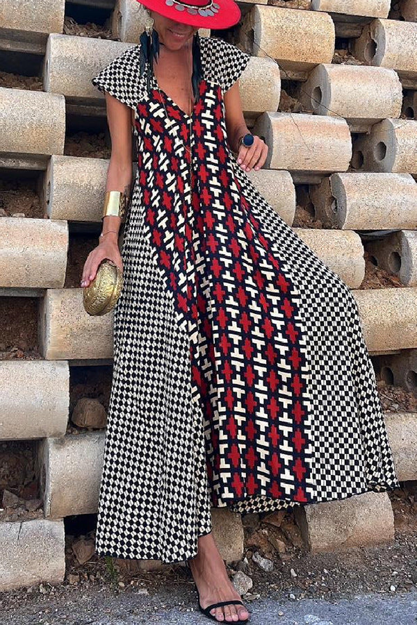 Geometric Print V-Neck Maxi Dress