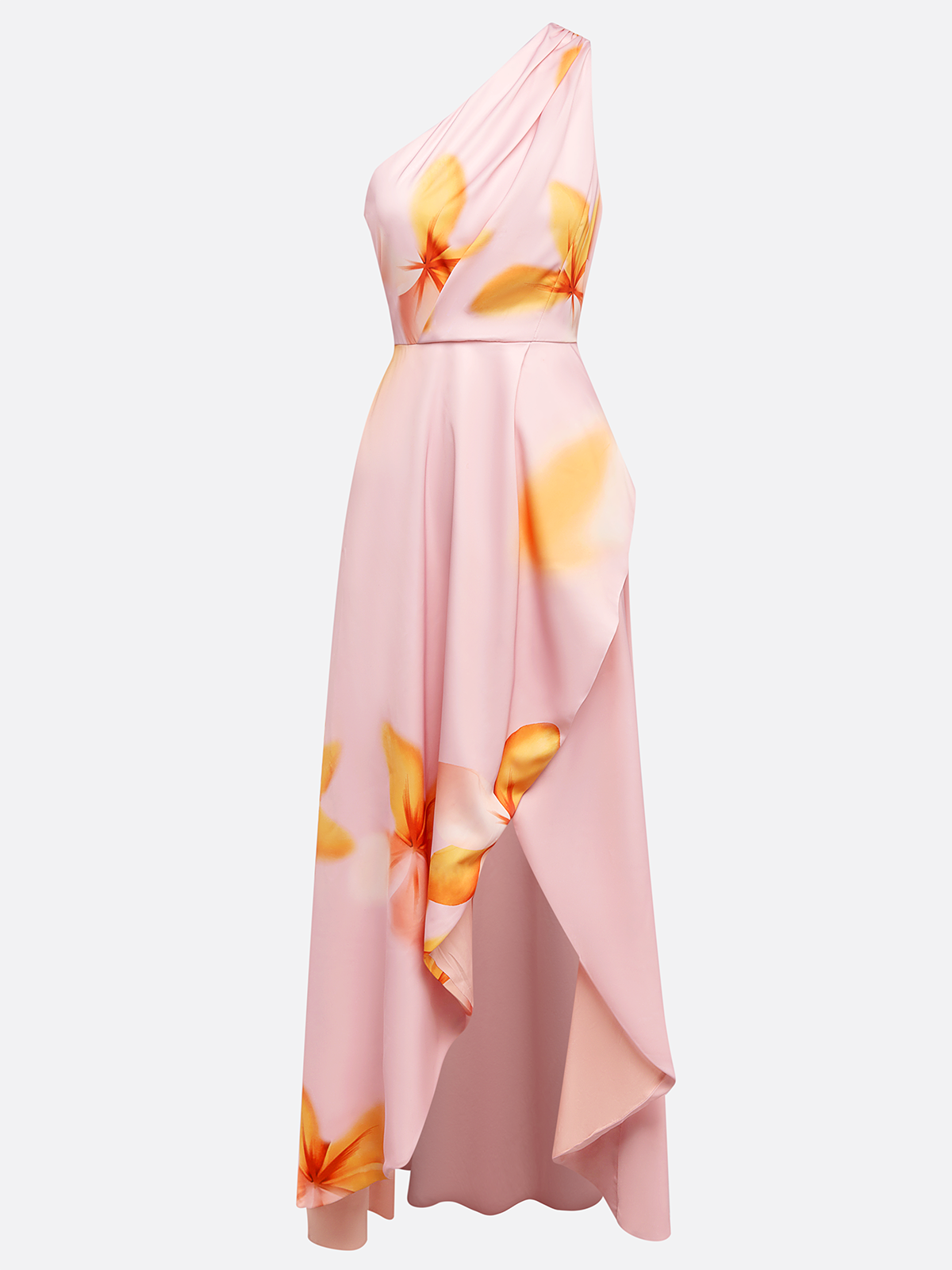 Pink Floral One-Shoulder Slit A-Line Gown