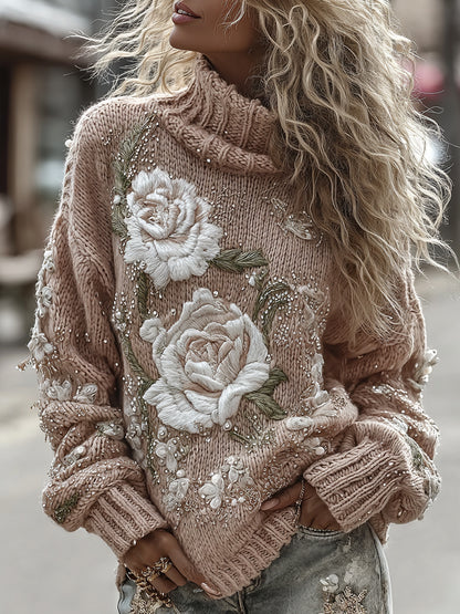 Vintage Rose Art Cozy Knit Turtleneck Sweater