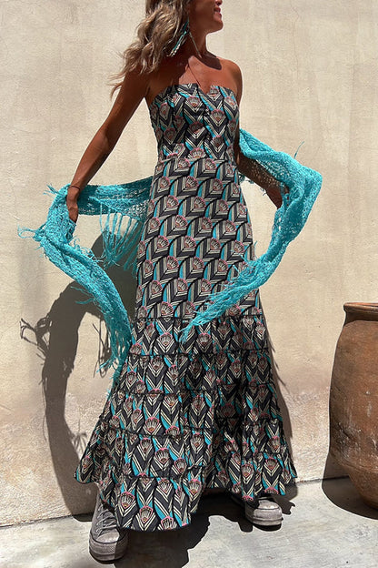 Annie Ethnic Shell Print Back Smocked Off Shoulder Tiered Maxi Dress