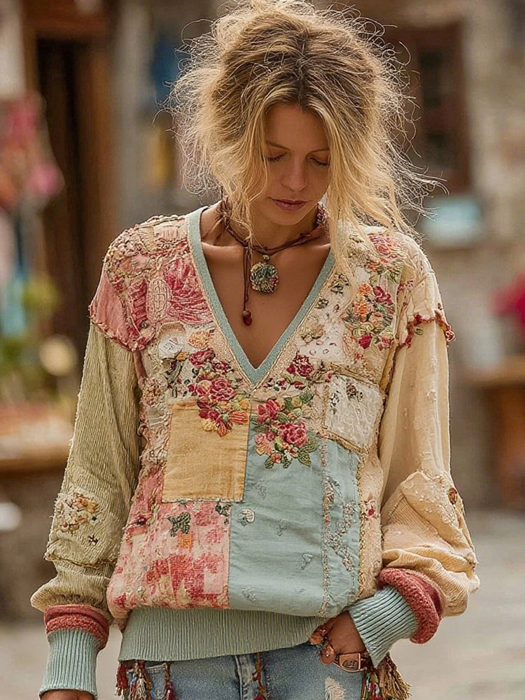 Women's Retro Bohemian Floral Stitching Comfortable V-neck Sweatshirt