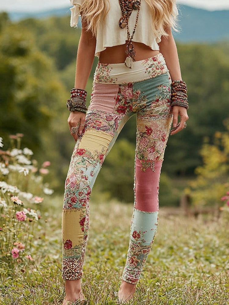 Vintage Patchwork Floral Print Casual Leggings