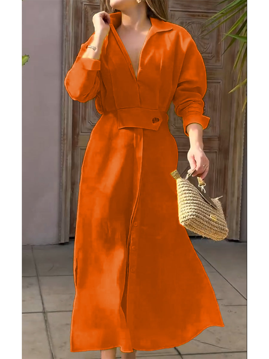 Women's Waisted Linen Cotton Long Sleeve Dress
