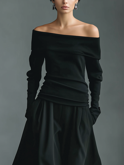 Women’s Black Knit Off-the-Shoulder Long Sleeve Ruched Waist Fitted Top MDA0400L1T