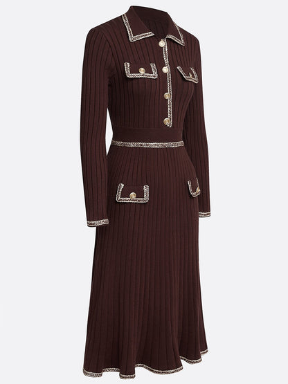 Red Brown Piping Buckle Sweater Lapel Collar Long Sleeve A-Line Midi Dress
