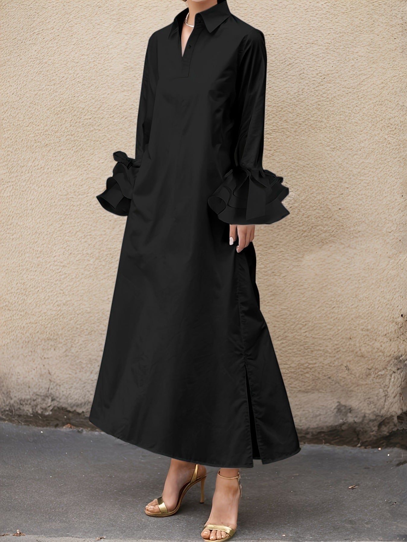 Urban Plain Ruffle Sleeve Shirt Collar Maxi Dress
