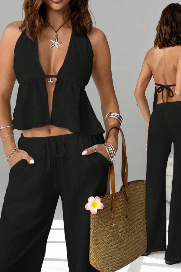 Multi-Color Halter Deep V Backless Tie Pleated Top & Wide Leg Pants Set