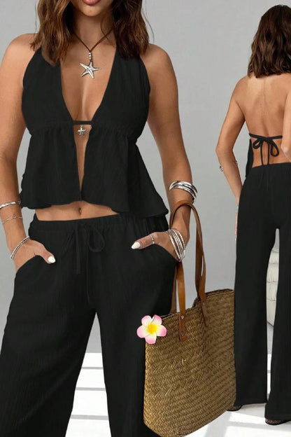 Multi-Color Halter Deep V Backless Tie Pleated Top & Wide Leg Pants Set