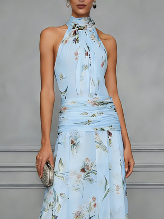 Light Blue Ruched Floral Chiffon Halter Neck Sleeveless A-Line Floor-length Gown Dress