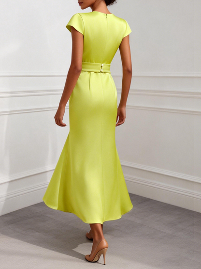 Green Satin Floral Embroidery Cap Sleeve Slit Sheath Maxi Dress
