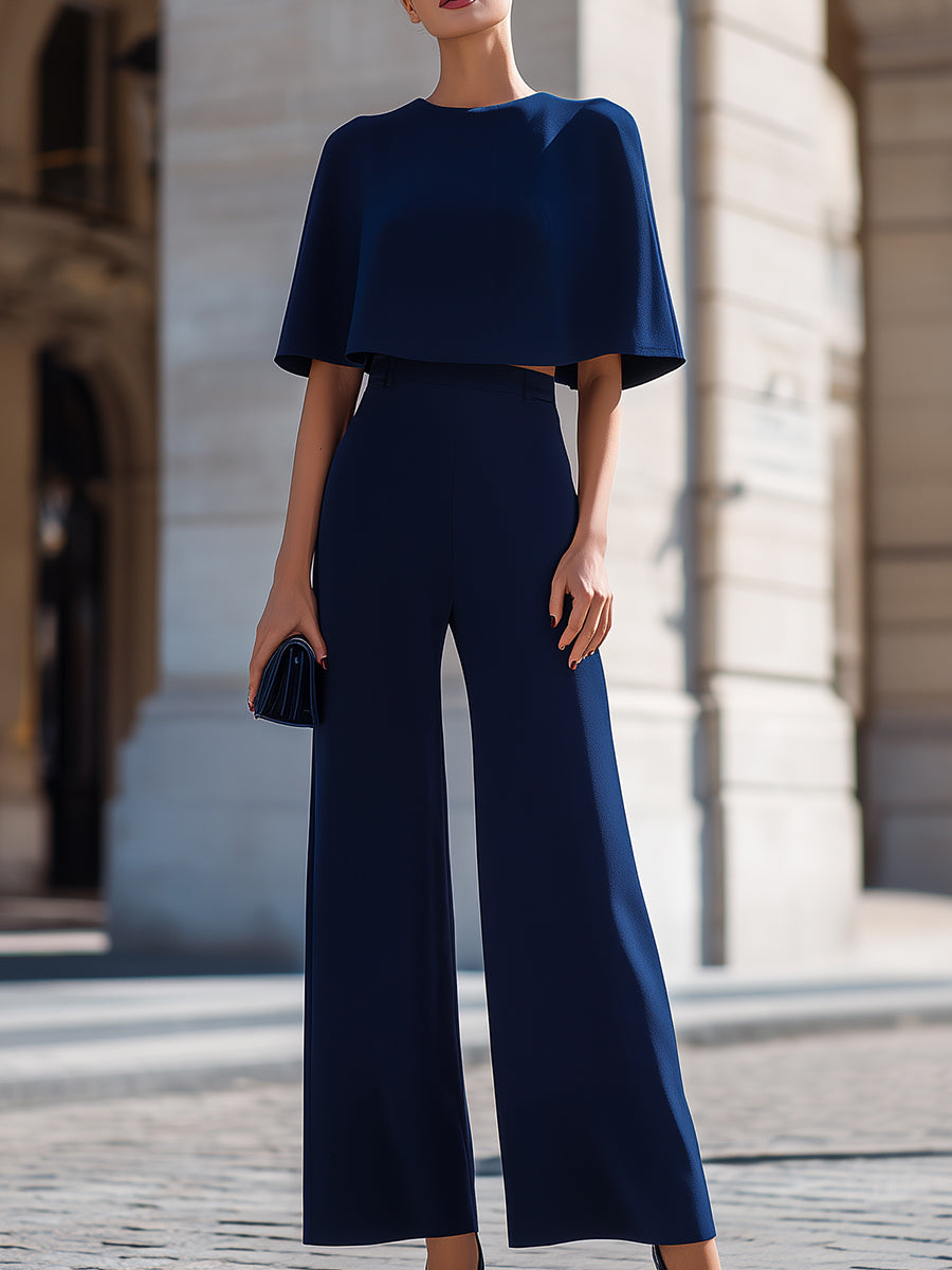 Cape-Sleeve Crop Top & High-Waisted Wide-Leg Pants Two-Piece Set