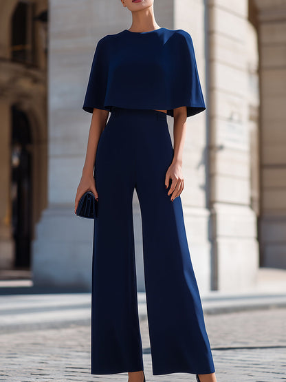 Cape-Sleeve Crop Top & High-Waisted Wide-Leg Pants Two-Piece Set