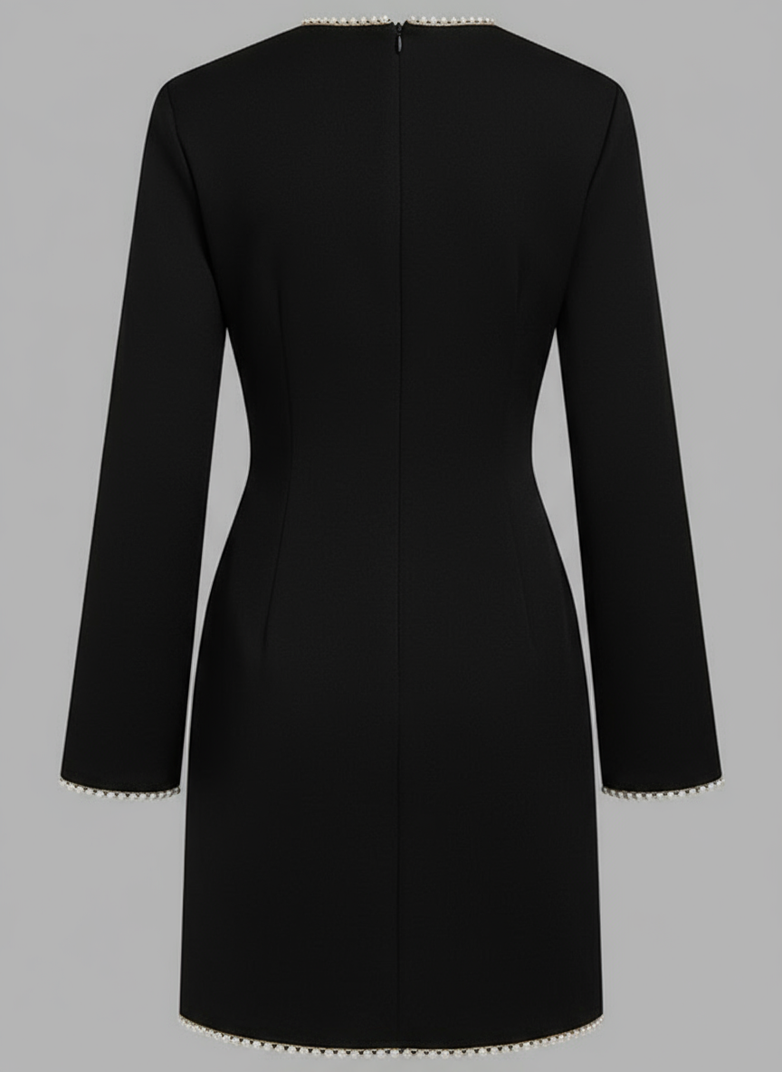 Black Faux Pearl Cut Out Classic Crew Neck Long Sleeve Sheath Mini Dress