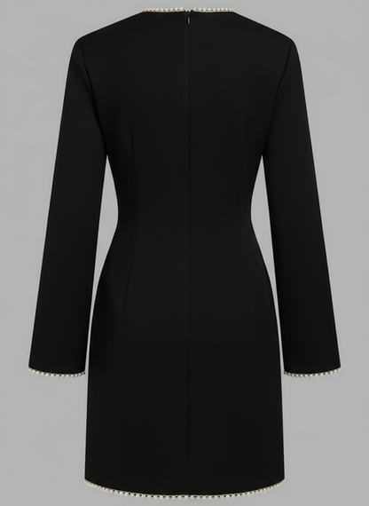 Black Faux Pearl Cut Out Classic Crew Neck Long Sleeve Sheath Mini Dress