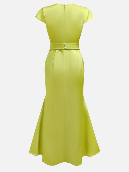 Green Satin Floral Embroidery Cap Sleeve Slit Sheath Maxi Dress