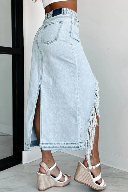 High-Waisted Distressed Frayed Slit Denim Midi Skirt