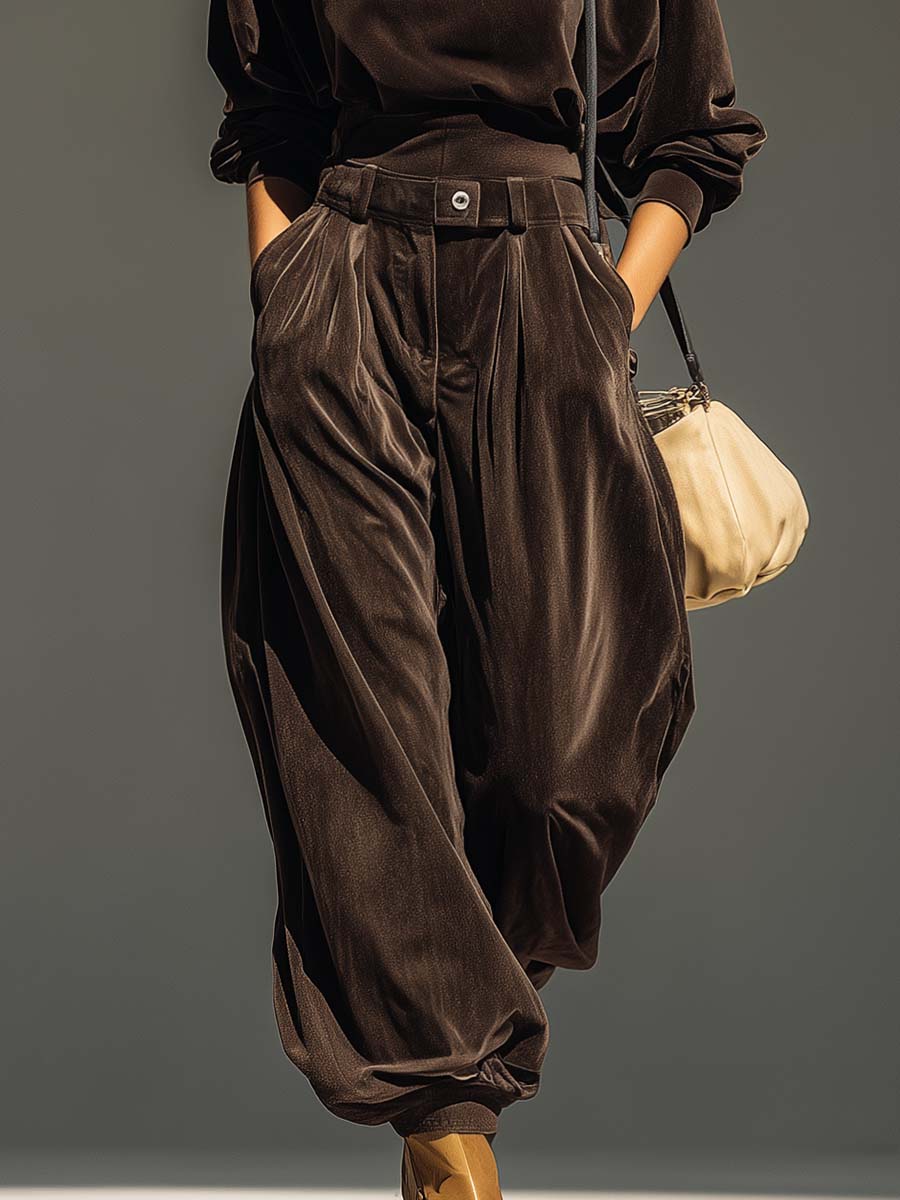 Vintage brown velvet hoodie and loose-fitting trousers set
