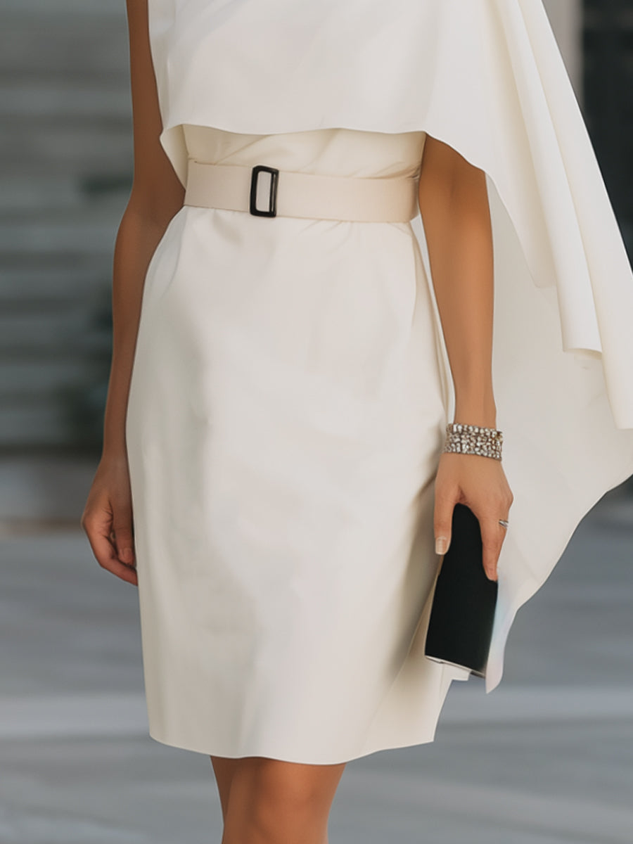 Asymmetric Cape-Style One-Shoulder Belted Midi Dress