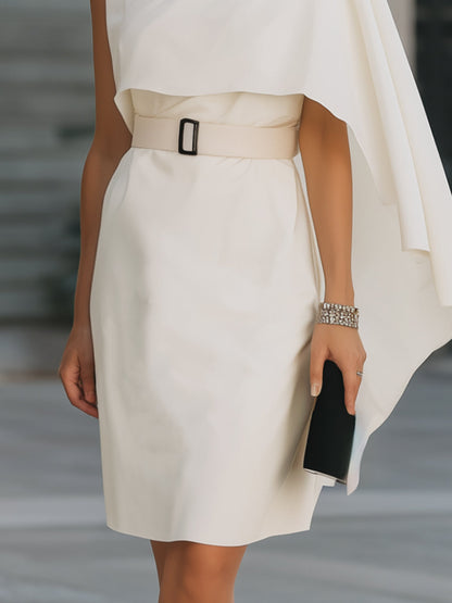 Asymmetric Cape-Style One-Shoulder Belted Midi Dress