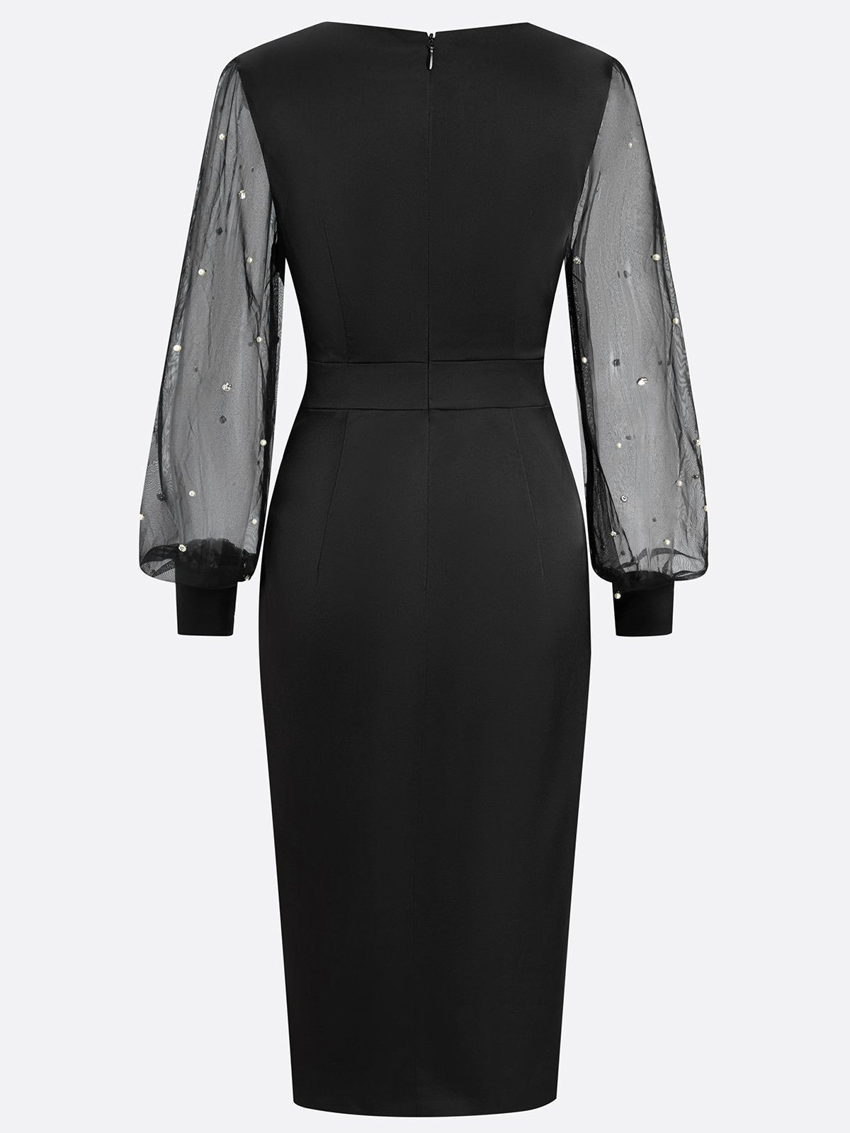 Black Beaded Slit Satin V Neck Long Sleeve Balloon Sleeve Sheath Midi Dress