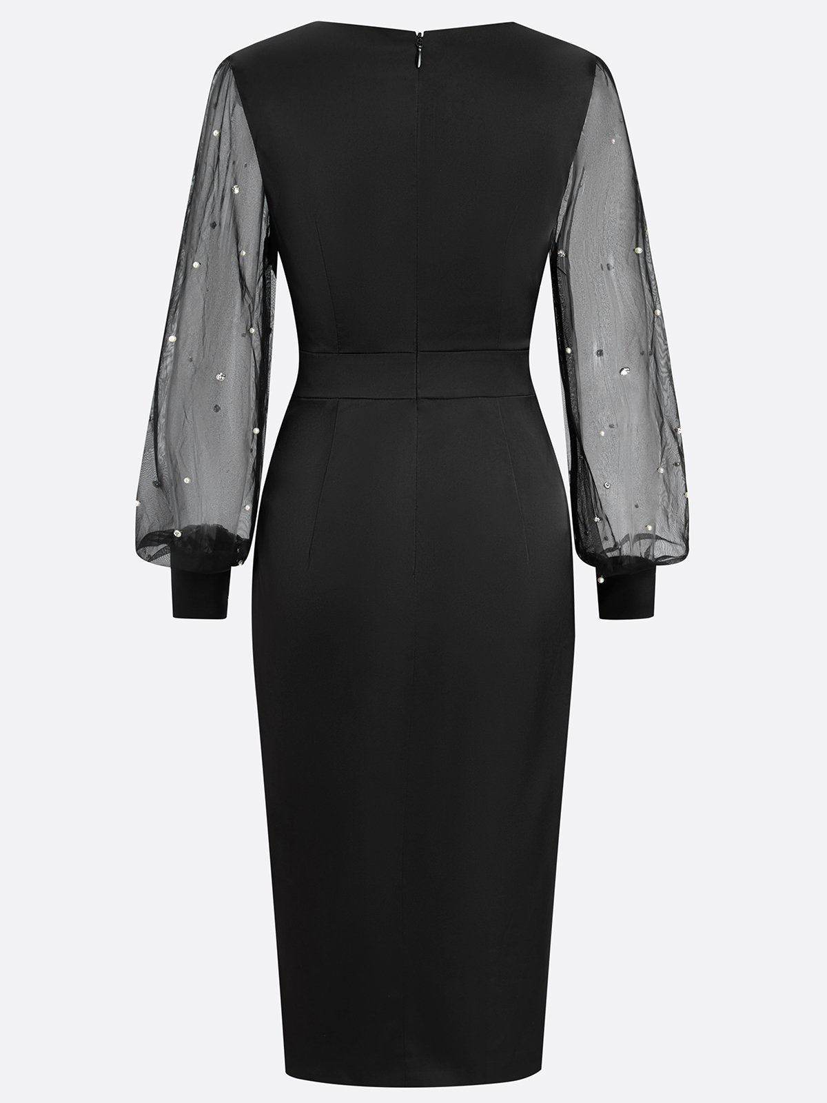 Black Beaded Slit Satin V Neck Long Sleeve Balloon Sleeve Sheath Midi Dress