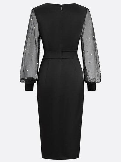 Black Beaded Slit Satin V Neck Long Sleeve Balloon Sleeve Sheath Midi Dress