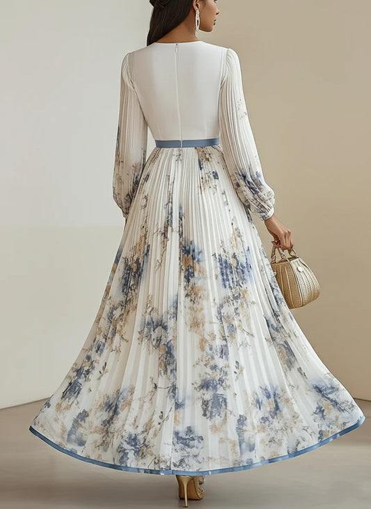 White Pleated Floral Chiffon V Neck Long Sleeve Balloon Sleeve A-Line Maxi Dress