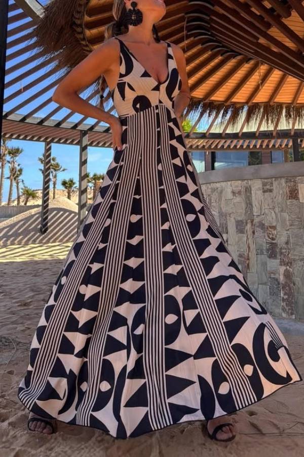 Geometric Print Deep V-Neck Strappy Maxi Dress